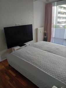 a bedroom with a bed and a flat screen tv at Luxus Business Apt mit Badewanne Balkon und Tiefgaragenstellplatz in Kerpen +20 photos