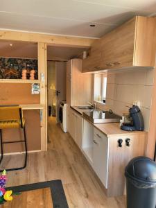 a kitchen with wooden walls and wooden floors at Tinyhouse centrum Drachten in Drachten