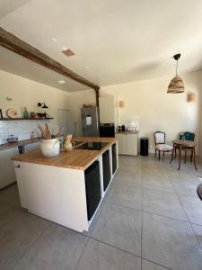 a kitchen with a counter top in a room at Les Fresses Glamping in Saint-Julien-la-Genète