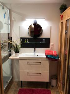 a bathroom with a sink and a mirror and a shower at La Gentilhommière - Chambre avec sauna et jaccuzzi in Saint-Roch