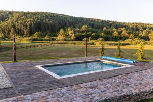 a swimming pool in a stone wall with a field at Villa Tara in Plaški