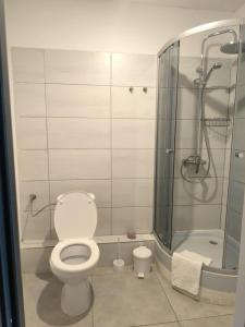 ein Badezimmer mit Toilette und Dusche in der Unterkunft Sea Power Horyzont in Jastrzębia Góra