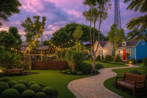 a garden with a pathway and a house with lights at HEAVEN in The City in Phra Nakhon Si Ayutthaya