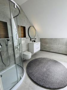 a bathroom with a shower and a toilet and a rug at Whitewill by Gerda in Groß Bartensleben