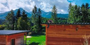 a wooden cabin with mountains in the background at DingDong in Unteraichwald