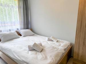 Una cama con dos almohadas encima en un dormitorio. en Piaskowa Stay by LibertaRent, en Wałbrzych