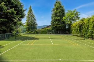 Una cancha de tenis con red y algunos árboles. en Italian Lakes villa with heated pool, en Besozzo