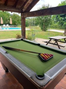 a pool table with a bowl of apples on it at Gite 2, Domaine Logis Gascogne in Saint-Justin