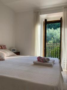 a bedroom with a bed with towels and a window at Casa contadina nel verde ai piedi della Majella - Agricasa Caprafico in Casoli