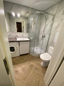 a bathroom with a shower and a toilet and a sink at Центр тріо1 in Kamianets-Podilskyi