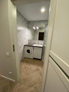 a small kitchen with a sink and a washer and dryer at Центр тріо2 in Kamianets-Podilskyi