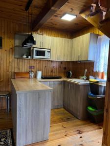 a kitchen with wooden cabinets and a microwave at Domki Pod Lasem in Macharce