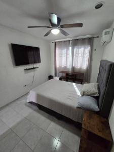 a bedroom with a bed and a ceiling fan at Comoda Suite Privada in Cancún