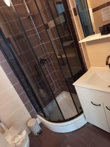 a shower in a bathroom with a toilet and a sink at Sea View Apartment Sunrise Poljica & Blue Lagoon Rent A Boat in Poljica +48 photos