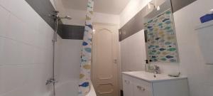 a bathroom with a shower and a toilet and a sink at Casa Margherita in Pairola +10 photos