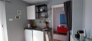 a kitchen with a sink and a red cabinet at Casa Margherita in Pairola