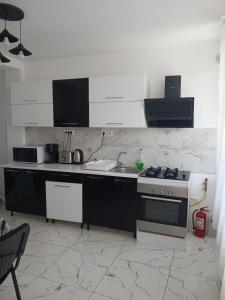 a kitchen with a sink and a stove at Vila Atlas Constanta in Constanţa