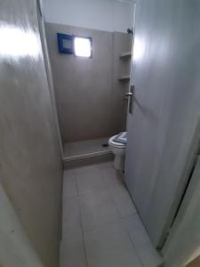 a small bathroom with a toilet and a window at Romantza δωμάτιο 4 in Mérikhas