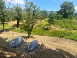 three blue tents sitting in the dirt in a field at Camping Tent JUNIOR in Danilovgrad