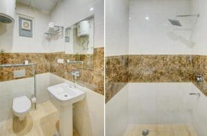 2 immagini di un bagno con servizi igienici e lavandino di Hotel Smart Lax a Nuova Delhi