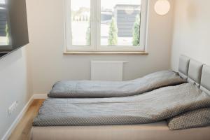 deux lits dans une chambre avec une fenêtre dans l'établissement Apartament Komfort, à Uniejów