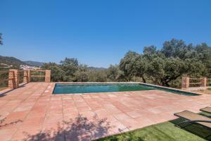 a swimming pool on a patio with trees in the background at Finca Las Cabrillas La Nava in La Nava