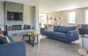 a living room with two blue couches and a fireplace at F Luxe Villa Bouwlust 10 Pers in De Cocksdorp