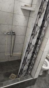 a shower curtain in a bathroom with a toilet at Smeštaj Golubica in Soko Banja