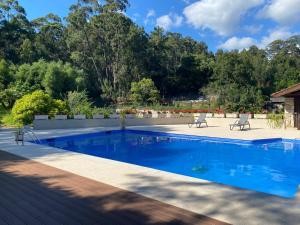 einen Pool in einem Garten mit zwei weißen Stühlen in der Unterkunft Chalet con piscina in Tabagón