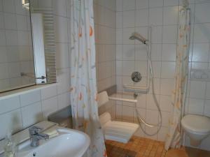 a bathroom with a shower and a sink and a toilet at Ferienhaus Gramm in NuÃŸbaum
