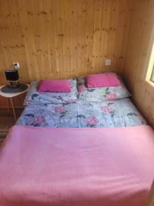 a bed in a room with a pink blanket on it at domek holenderski in Mieroszyno