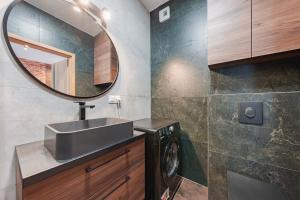 une salle de bain avec un lavabo et une machine à laver dans l'établissement Apartament Loft & glow Montownia, à Gdańsk