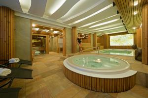 弗雷斯塔帕若德霍斯特Hotel Bartoš的房间里的按摩浴缸，背景中有一位女士