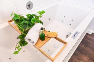 a bathroom with a bathtub with a green plant at Pension Montmaertre in Zierikzee