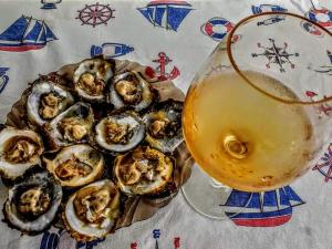 a plate of oysters and a glass of beer at Pansion Svetlana in Tivat