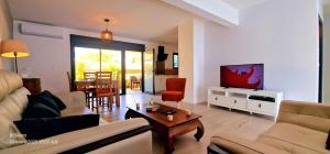 a living room with a couch and a tv at Villa cardinal in Saint-Pierre