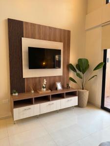 a living room with a television on a wall at Iguazu Lofts in Puerto Iguazú