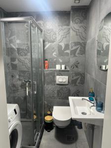 a bathroom with a shower and a toilet and a sink at Star apartmani in Novi Pazar +26 photos
