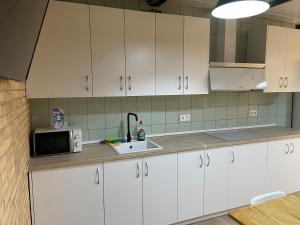 格拉纳达Futurotel Granada Space Spa的厨房配有白色橱柜、水槽和微波炉