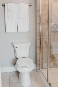 a bathroom with a white toilet and a shower at The Loyalist Inn & Suites in Shelburne