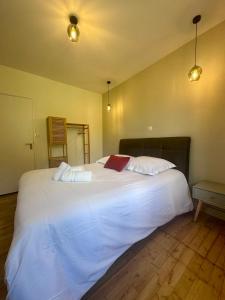 a bedroom with a large white bed with two pillows at Maison de la Fontaine - Typique - Bourg de Collonges in Collonges la rouge
