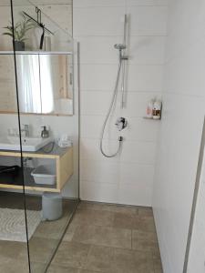 a bathroom with a shower and a sink at Morgenrot Panorama-Apartment 2 - Zwei Balkone in Gnotzheim +11 photos