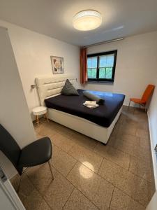 a bedroom with a large bed and a chair at Ferienwohnungen Rehn in Dresden