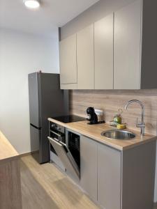 a kitchen with a sink and a refrigerator at Apartman Eden in Sisak +3 photos
