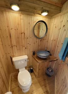 a wooden bathroom with a toilet and a sink at Shepherd's Bothy, Bothan a Bhuachaille, Black Isle in Munlochy +11 photos