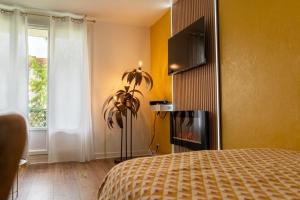 a bedroom with a bed and a tv and a window at Le SOLEIL D OR à 10 minutes de Nigloland in Bar-sur-Aube