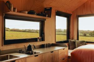 a kitchen with a sink and two windows in a room at Sirius in Kelsall