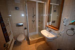 ein Badezimmer mit Dusche, Waschbecken und Toilette in der Unterkunft Andante apartman in Bük