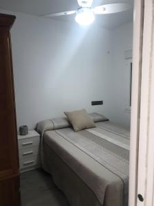Un dormitorio con una cama y un ventilador de techo. en Apartamentos Serranía, en Ronda