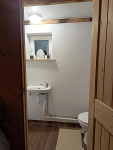 a bathroom with a sink and a toilet at Happy Hippy Cabin for 4 persons in Gataučiai